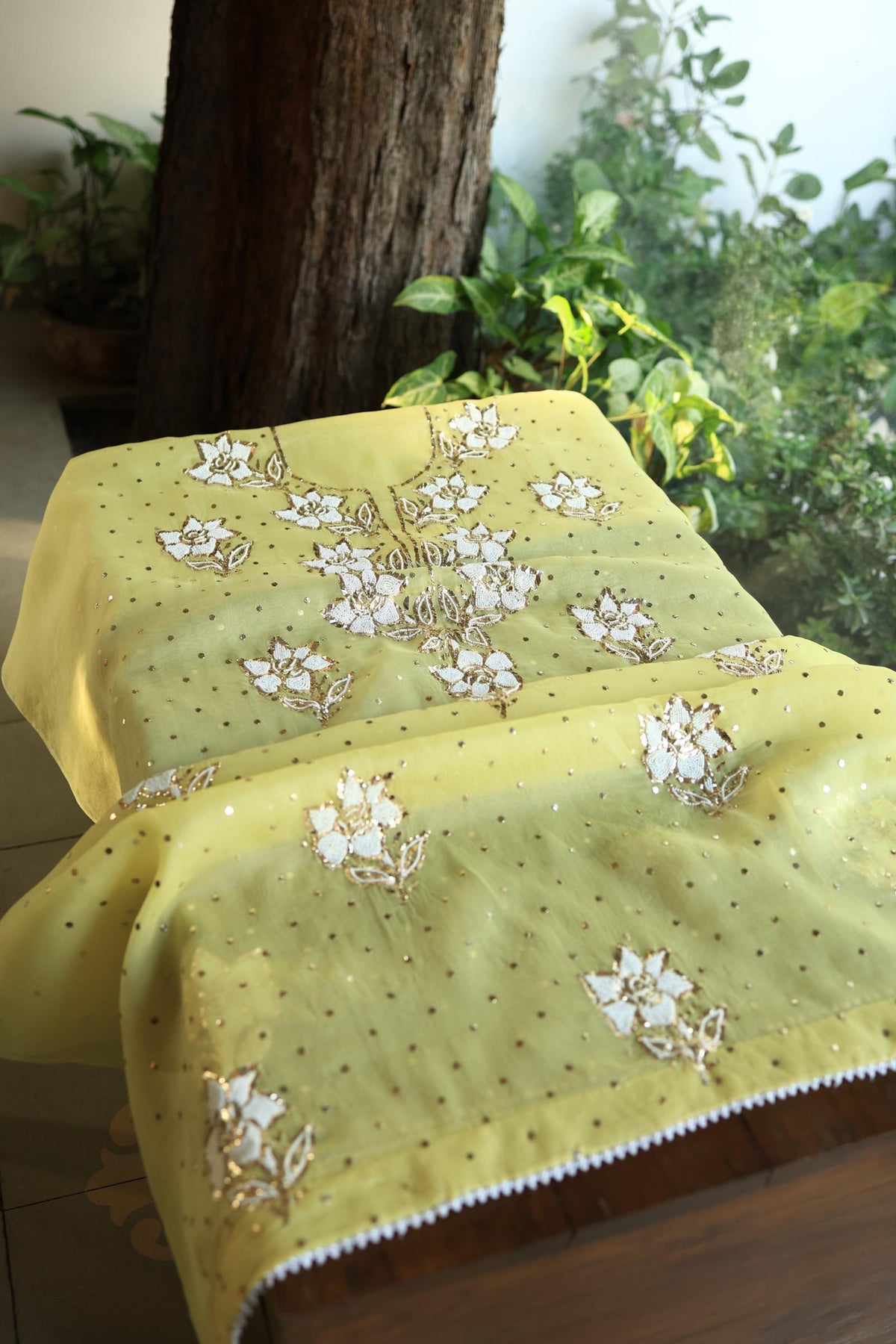 Corn Yellow Shade Noor Organza Silk Mukaish Pearl Chikankari Unstitched Fabric