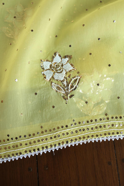 Corn Yellow Shade Noor Organza Silk Mukaish Pearl Chikankari Unstitched Fabric