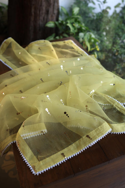 Corn Yellow Shade Noor Organza Silk Mukaish Pearl Chikankari Unstitched Fabric