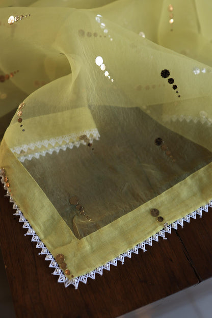 Corn Yellow Shade Noor Organza Silk Mukaish Pearl Chikankari Unstitched Fabric