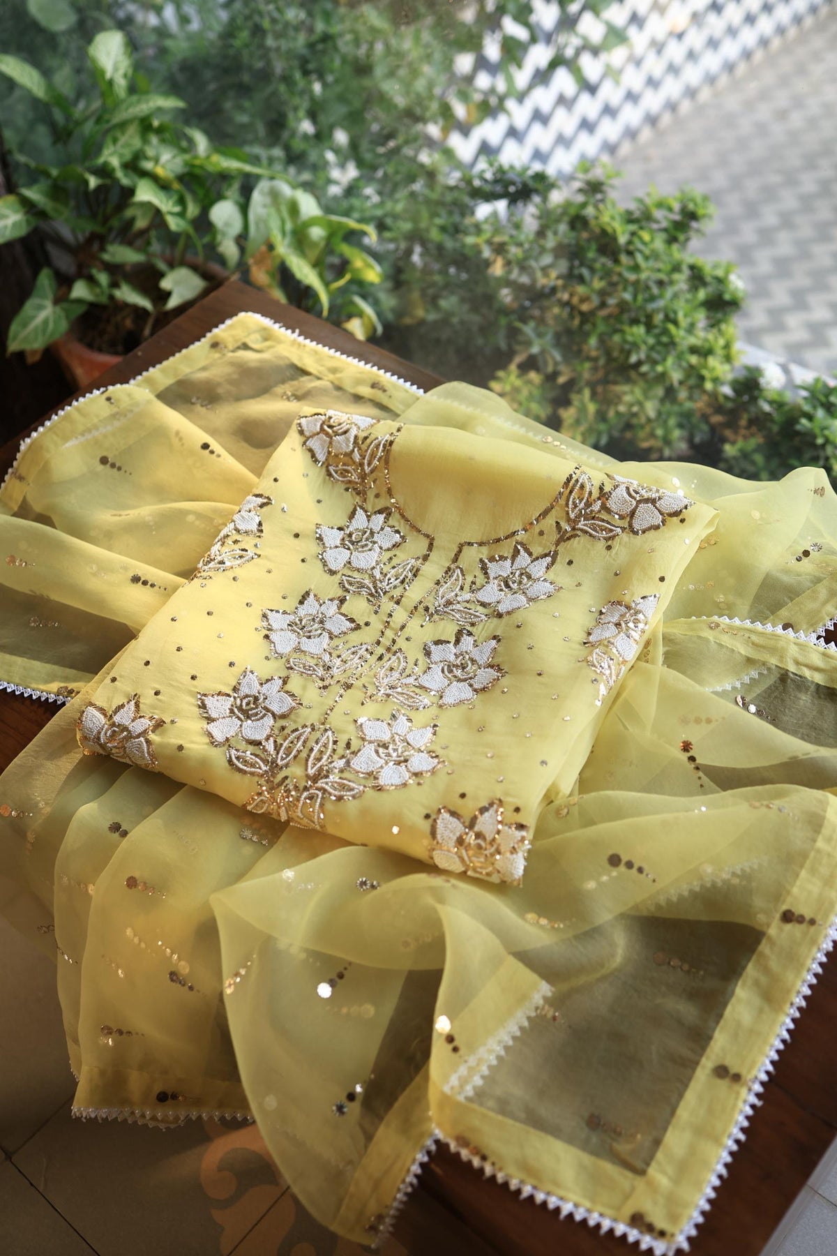 Corn Yellow Shade Noor Organza Silk Mukaish Pearl Chikankari Unstitched Fabric