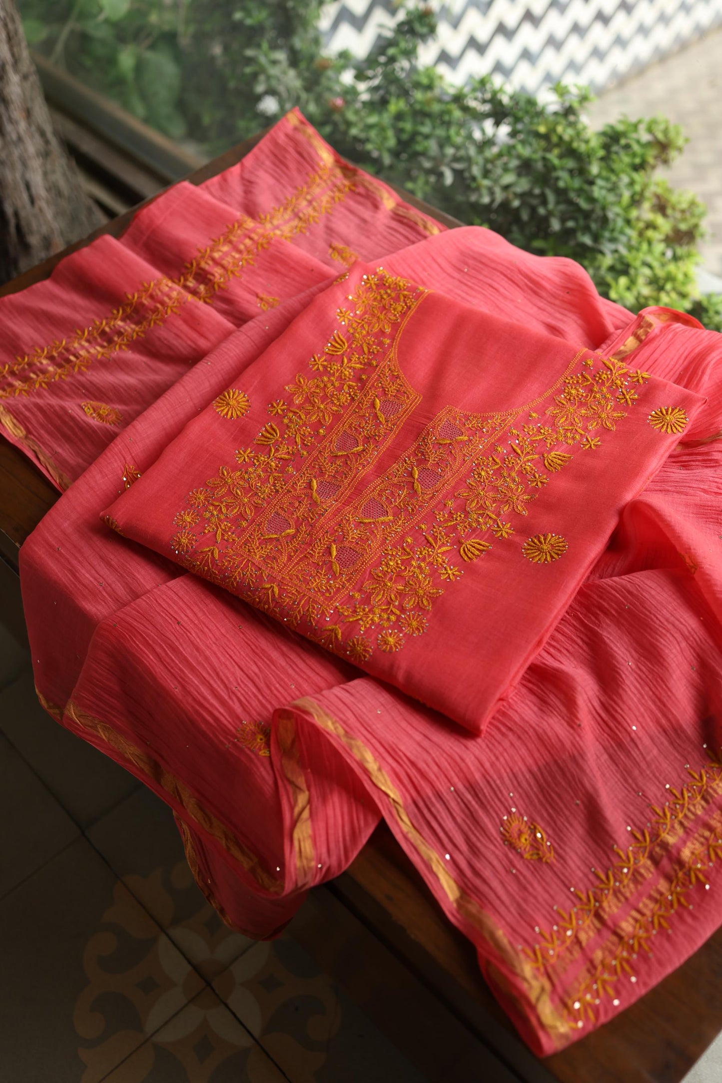 Cranberry Pink & Mustard Shade Mal Cotton Chikankari Unstitched Kurta Dupatta Fabric With Kamdani