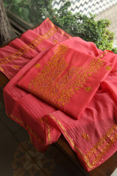 Cranberry Pink & Mustard Shade Mal Cotton Chikankari Unstitched Kurta Dupatta Fabric With Kamdani