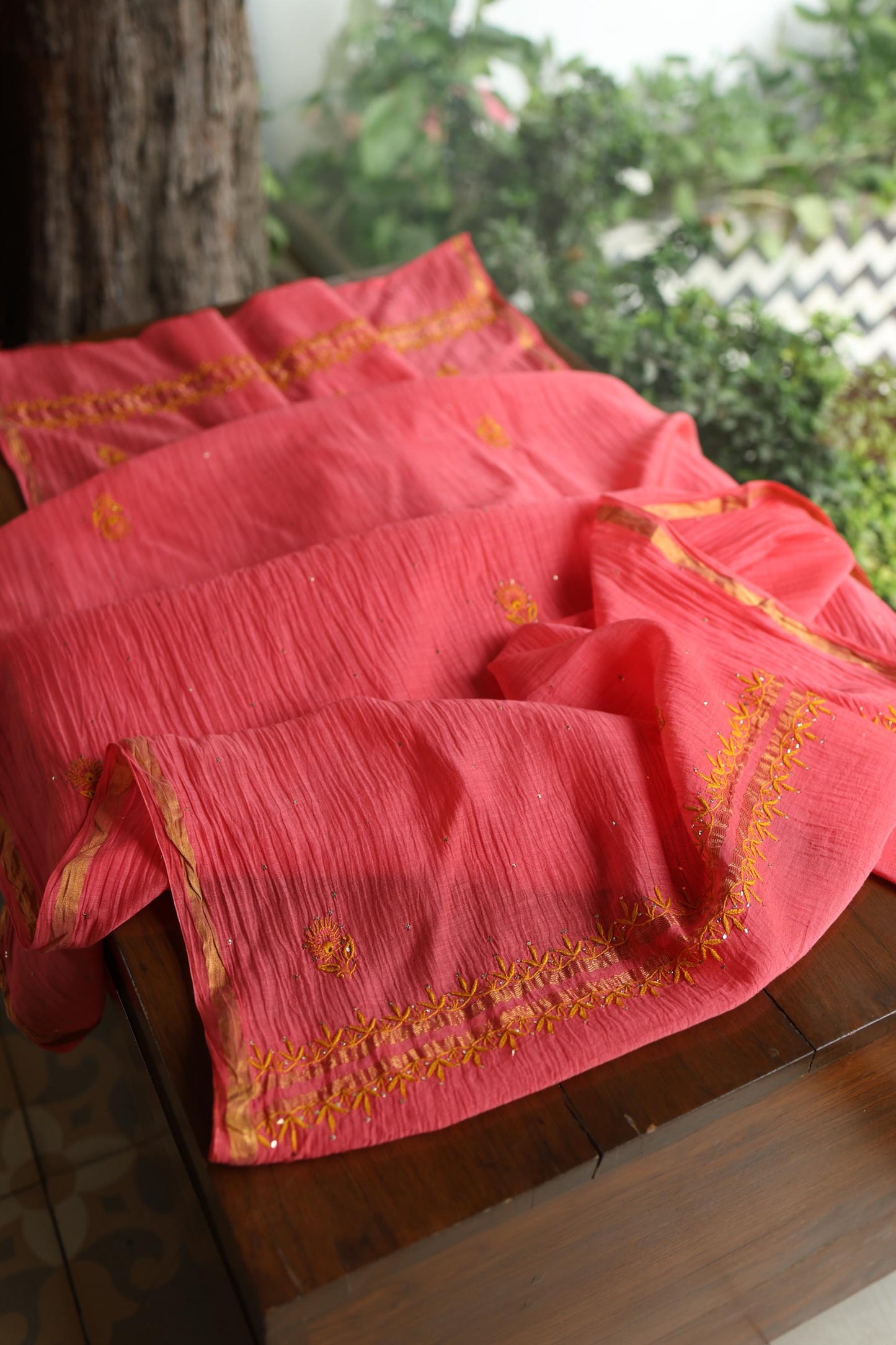 Cranberry Pink & Mustard Shade Mal Cotton Chikankari Unstitched Kurta Dupatta Fabric With Kamdani