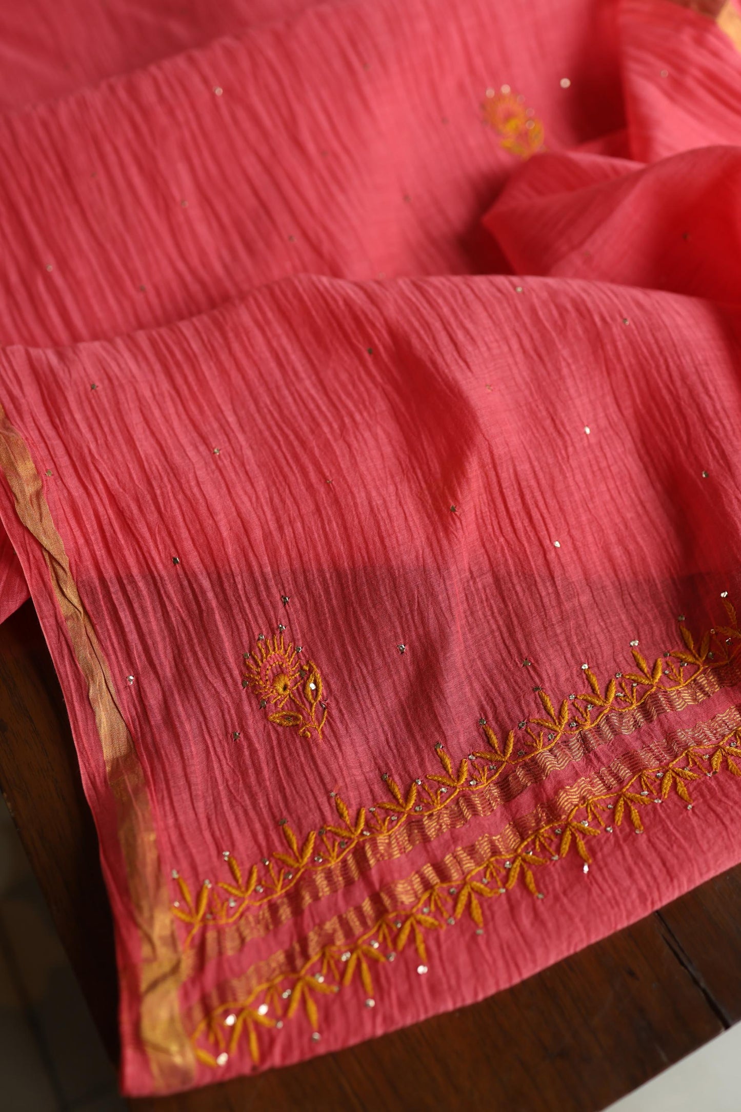 Cranberry Pink & Mustard Shade Mal Cotton Chikankari Unstitched Kurta Dupatta Fabric With Kamdani