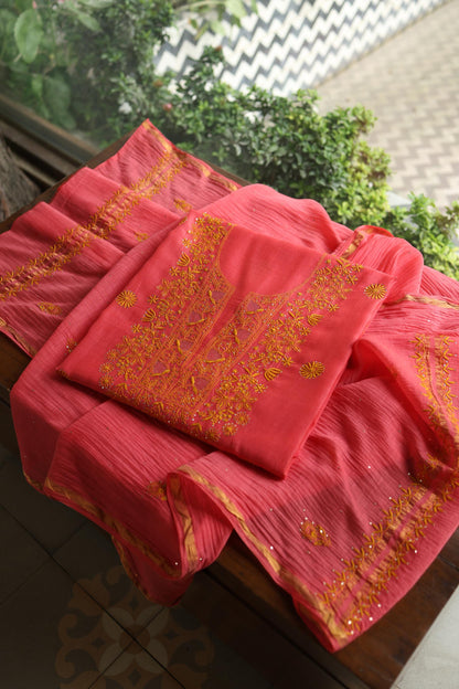 Cranberry Pink & Mustard Shade Mal Cotton Chikankari Unstitched Kurta Dupatta Fabric With Kamdani