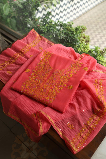 Cranberry Pink & Mustard Shade Mal Cotton Chikankari Unstitched Kurta Dupatta Fabric With Kamdani