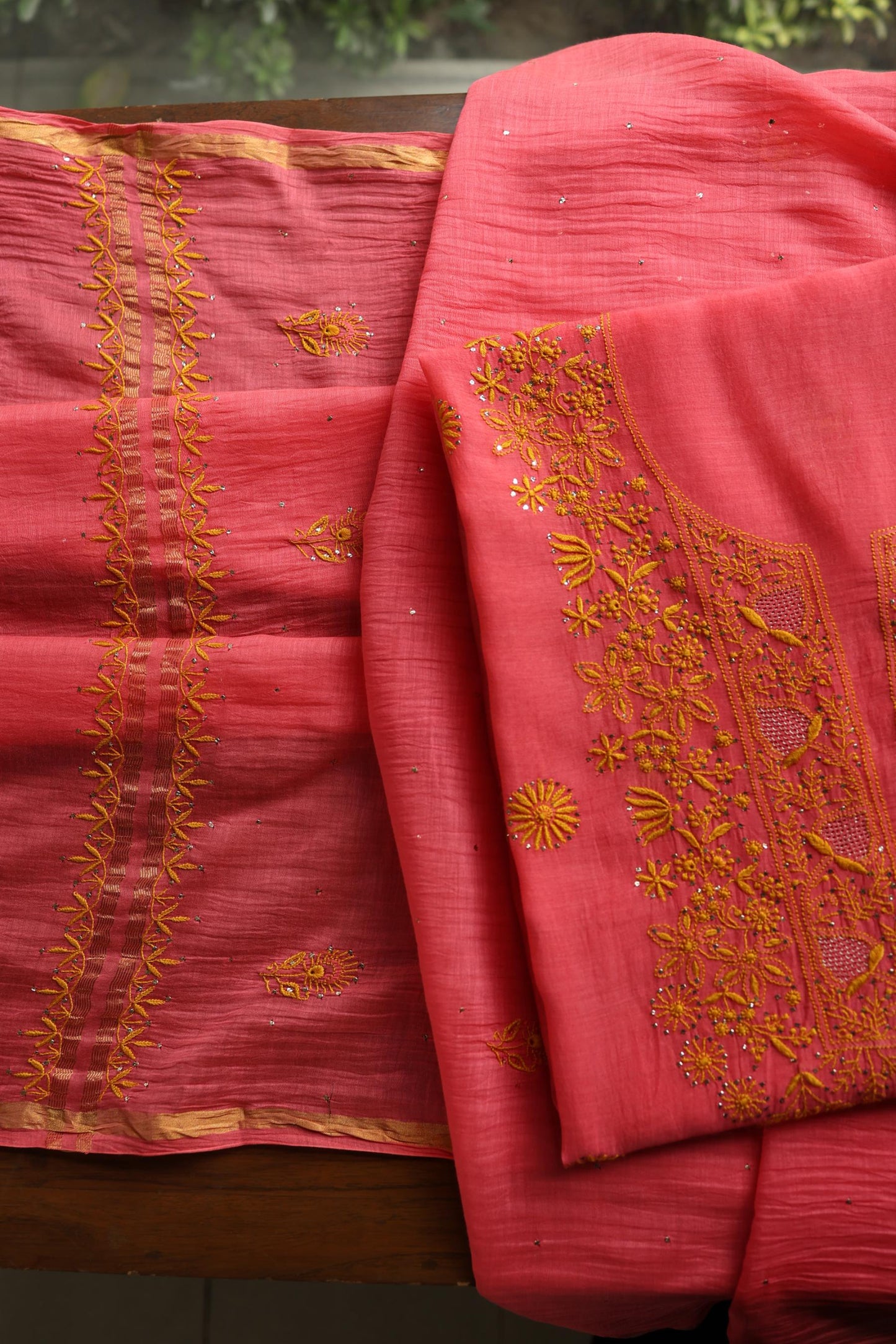Cranberry Pink & Mustard Shade Mal Cotton Chikankari Unstitched Kurta Dupatta Fabric With Kamdani
