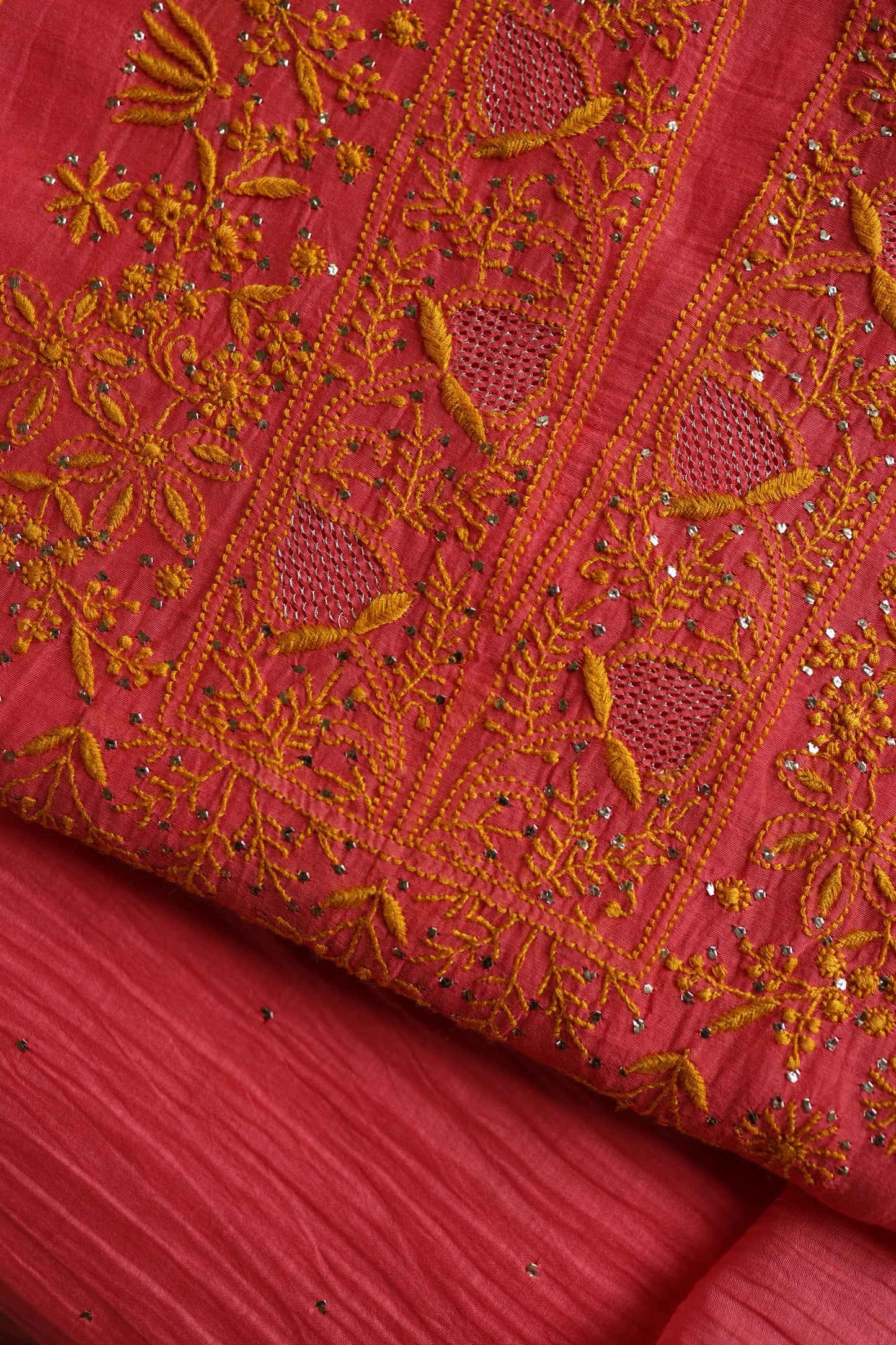 Cranberry Pink & Mustard Shade Mal Cotton Chikankari Unstitched Kurta Dupatta Fabric With Kamdani
