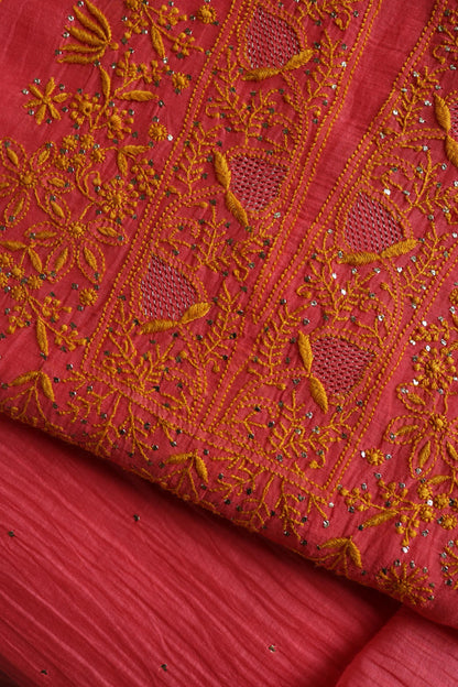 Cranberry Pink & Mustard Shade Mal Cotton Chikankari Unstitched Kurta Dupatta Fabric With Kamdani