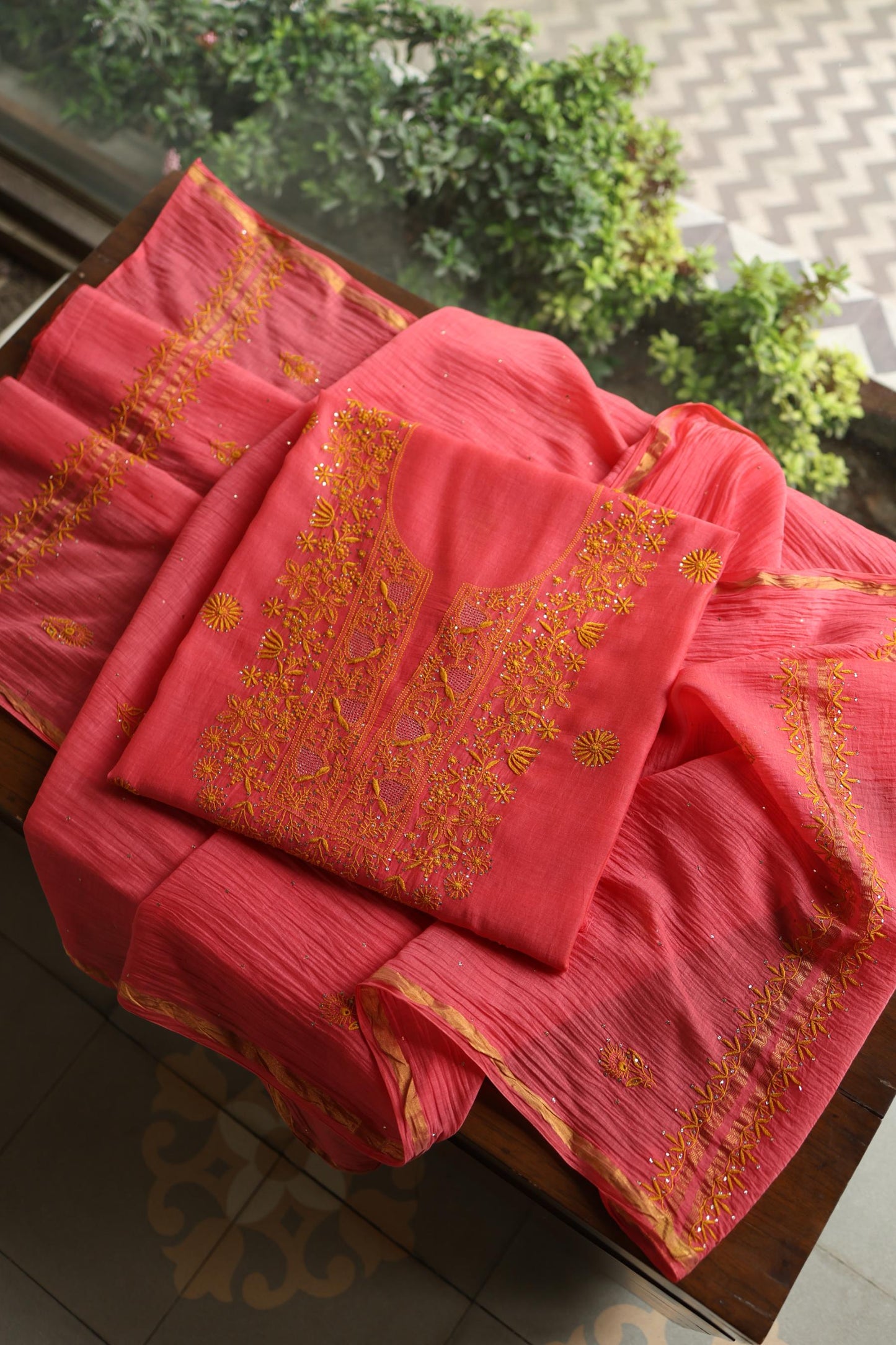 Cranberry Pink & Mustard Shade Mal Cotton Chikankari Unstitched Kurta Dupatta Fabric With Kamdani