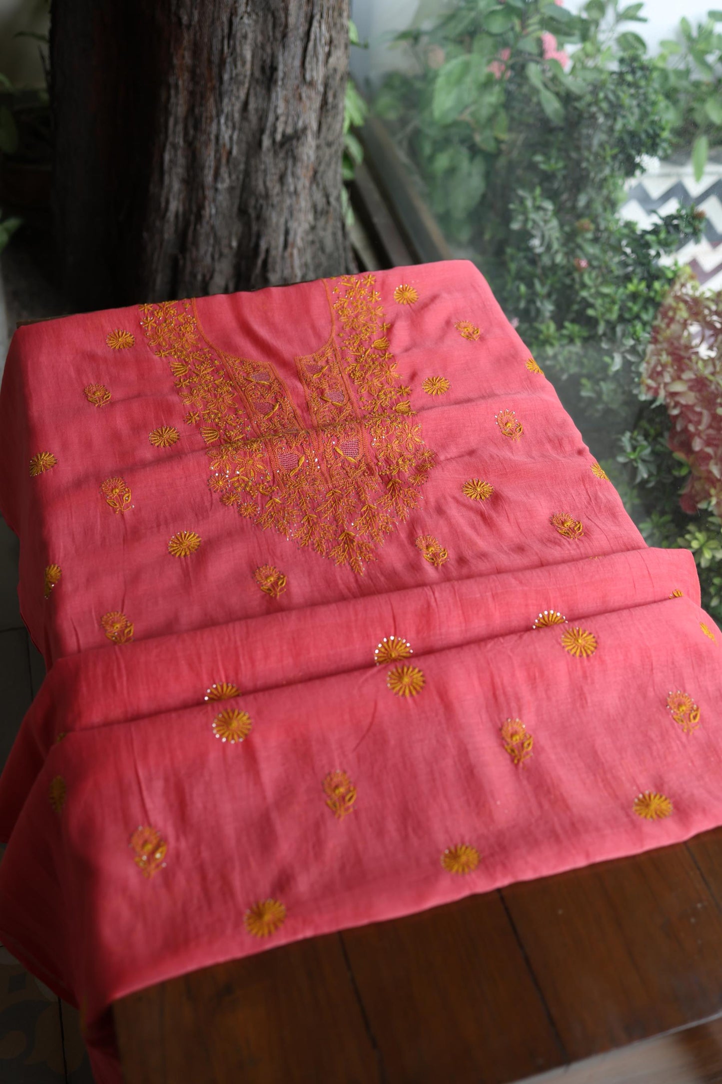 Cranberry Pink & Mustard Shade Mal Cotton Chikankari Unstitched Kurta Dupatta Fabric With Kamdani