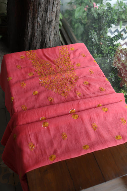 Cranberry Pink & Mustard Shade Mal Cotton Chikankari Unstitched Kurta Dupatta Fabric With Kamdani