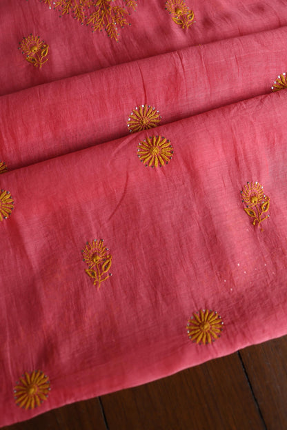 Cranberry Pink & Mustard Shade Mal Cotton Chikankari Unstitched Kurta Dupatta Fabric With Kamdani