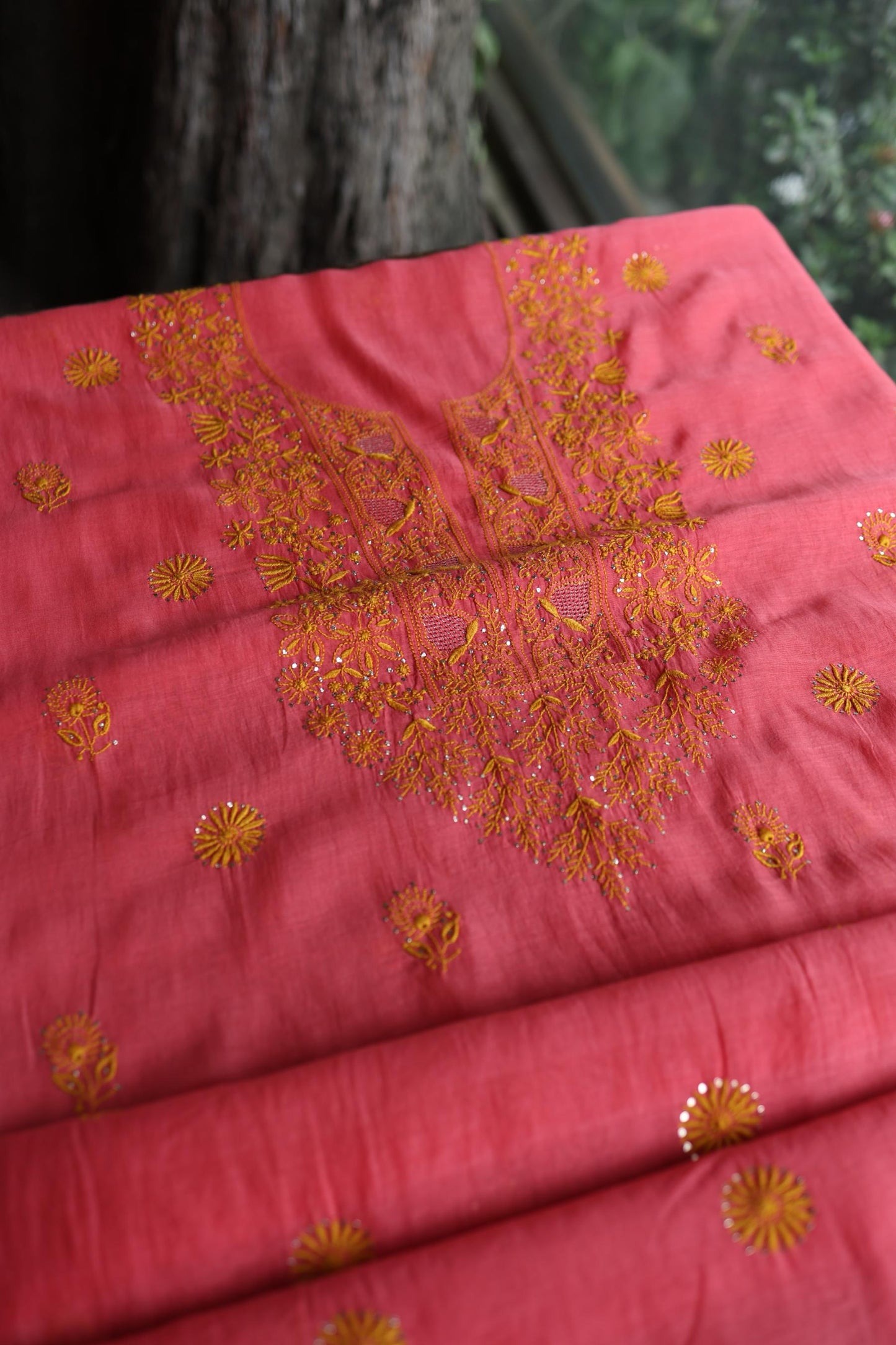 Cranberry Pink & Mustard Shade Mal Cotton Chikankari Unstitched Kurta Dupatta Fabric With Kamdani