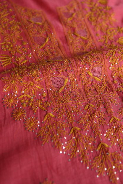 Cranberry Pink & Mustard Shade Mal Cotton Chikankari Unstitched Kurta Dupatta Fabric With Kamdani