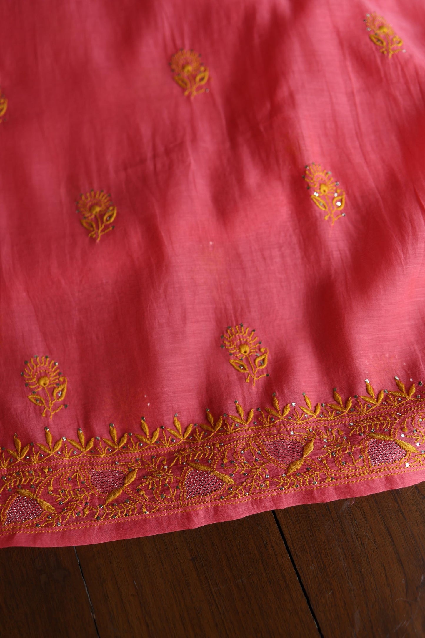 Cranberry Pink & Mustard Shade Mal Cotton Chikankari Unstitched Kurta Dupatta Fabric With Kamdani