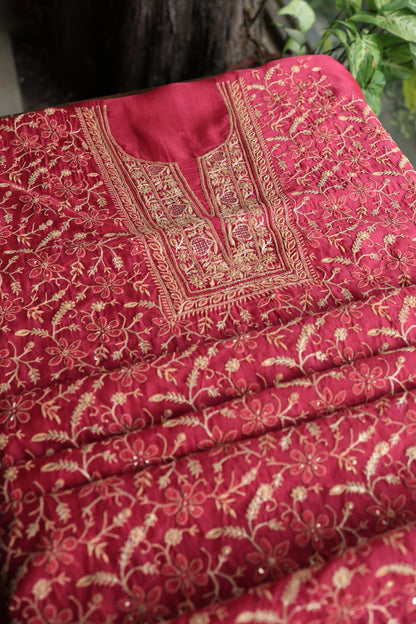 Cranberry Shade Noor Organza Silk Chikankari Unstitched Kurta Dupatta Set