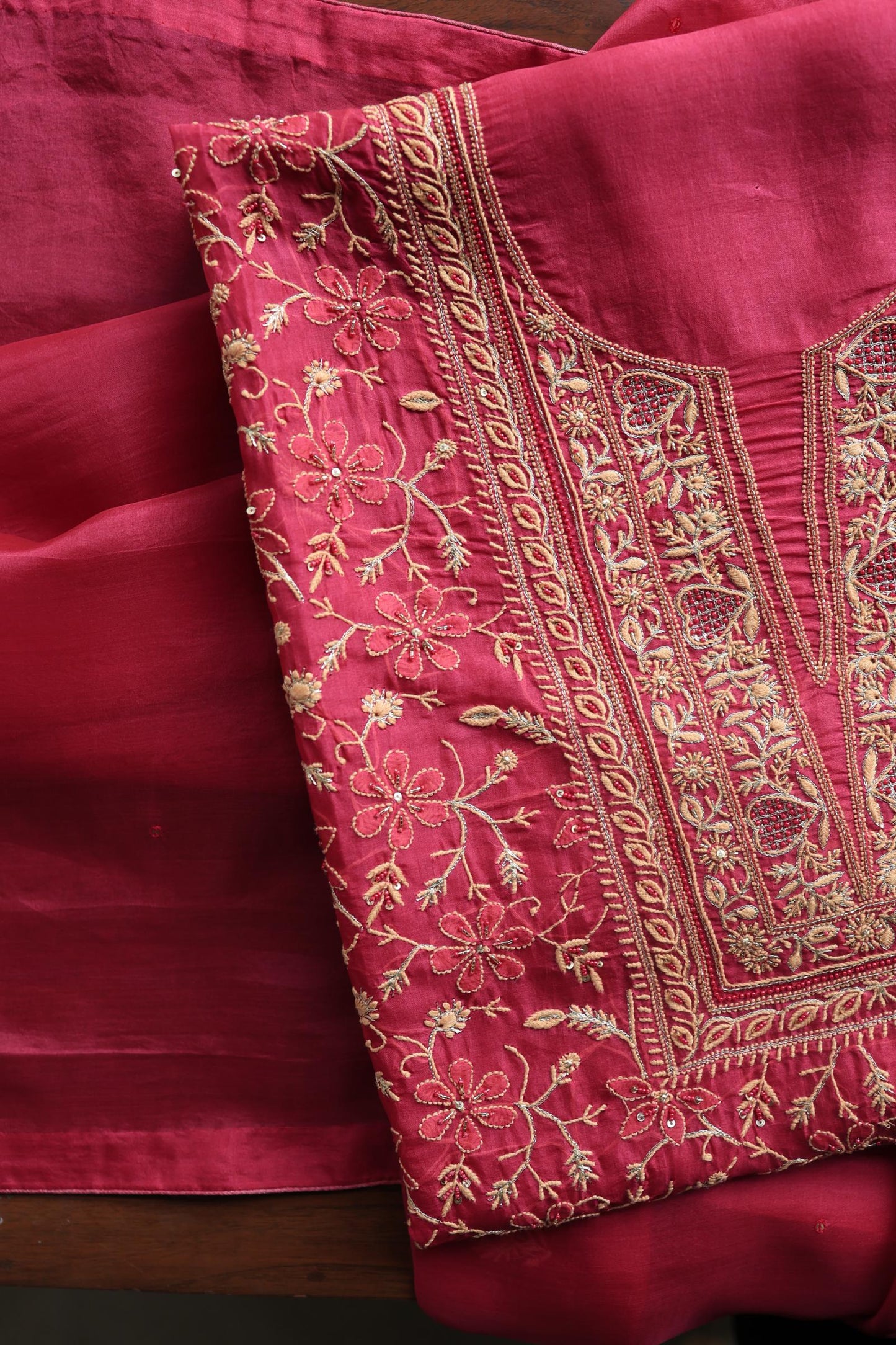 Cranberry Shade Noor Organza Silk Chikankari Unstitched Kurta Dupatta Set