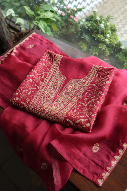 Cranberry Shade Noor Organza Silk Chikankari Unstitched Kurta Dupatta Set