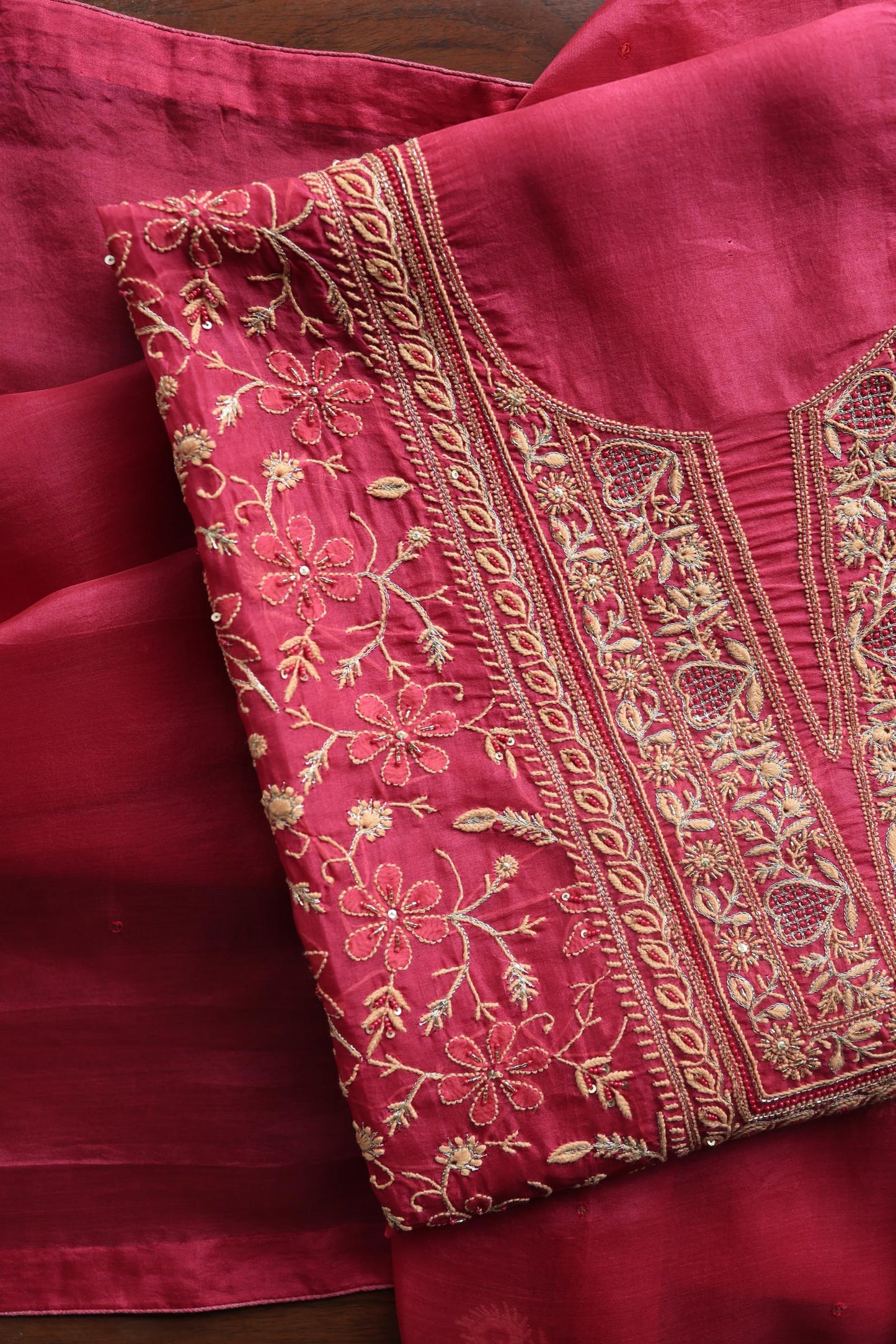 Cranberry Shade Noor Organza Silk Chikankari Unstitched Kurta Dupatta Set