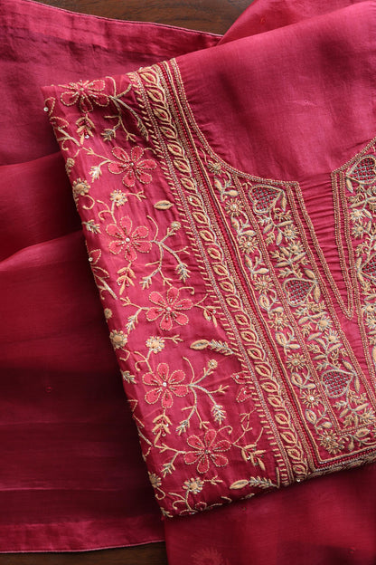 Cranberry Shade Noor Organza Silk Chikankari Unstitched Kurta Dupatta Set