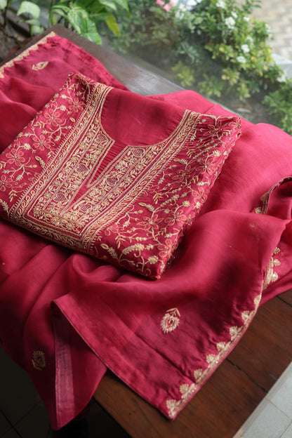 Cranberry Shade Noor Organza Silk Chikankari Unstitched Kurta Dupatta Set