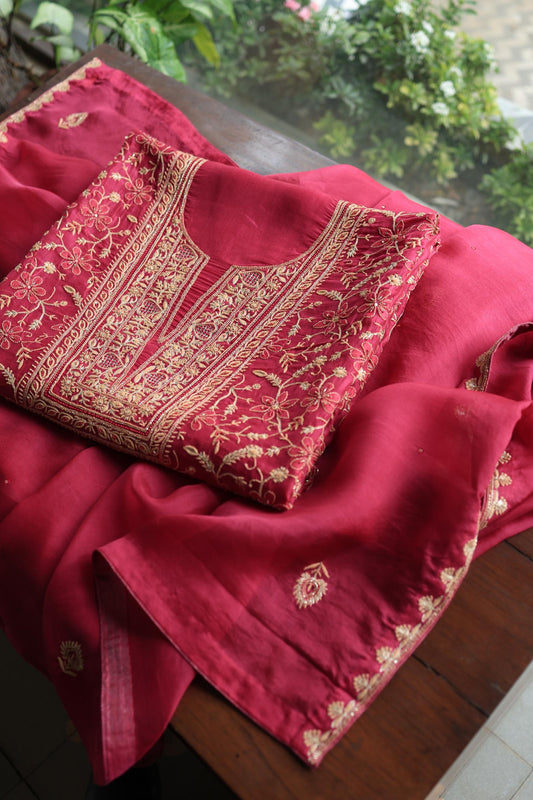 Cranberry Shade Noor Organza Silk Chikankari Unstitched Kurta Dupatta Set