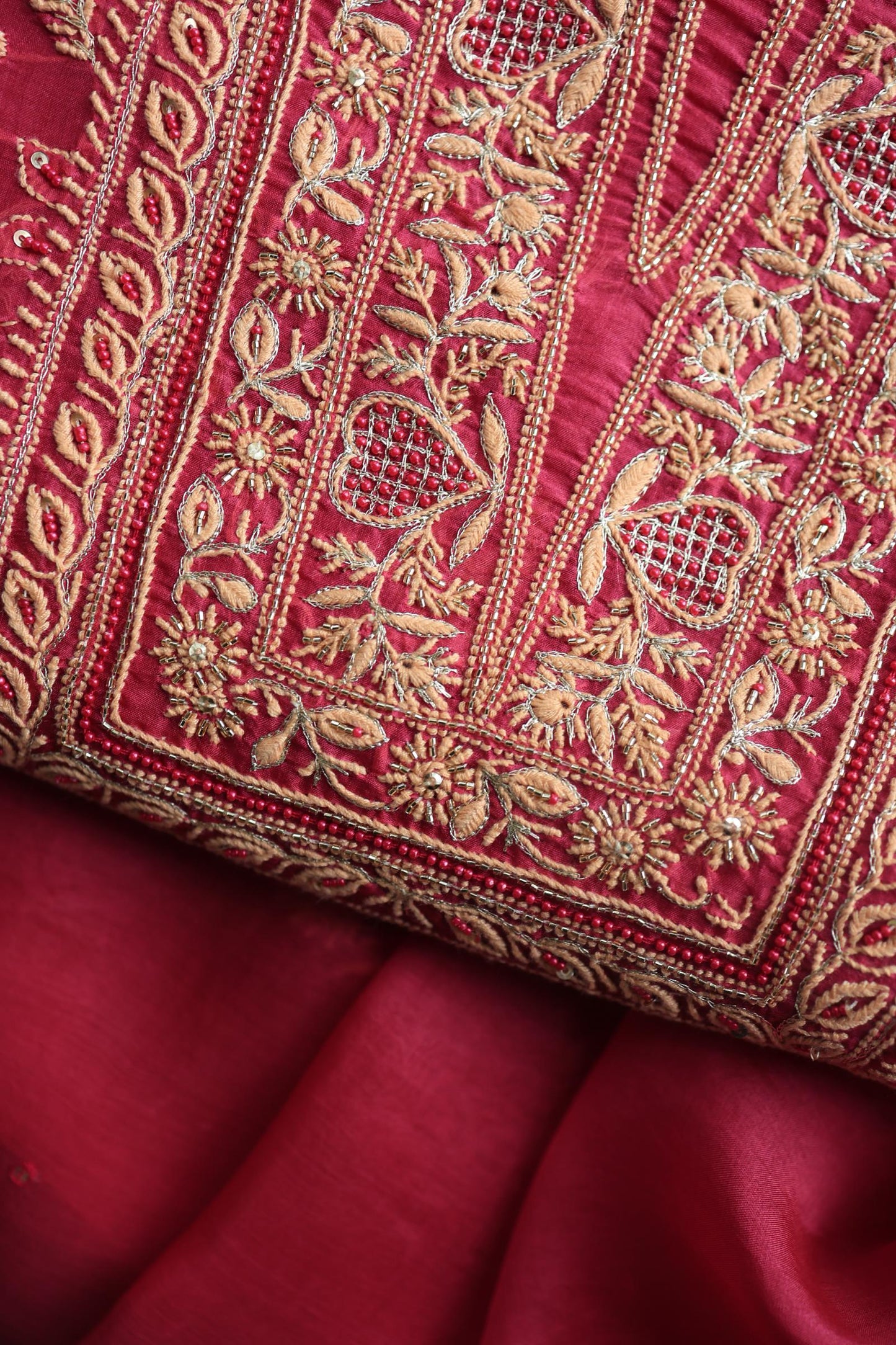 Cranberry Shade Noor Organza Silk Chikankari Unstitched Kurta Dupatta Set