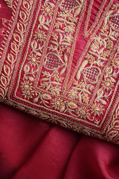 Cranberry Shade Noor Organza Silk Chikankari Unstitched Kurta Dupatta Set