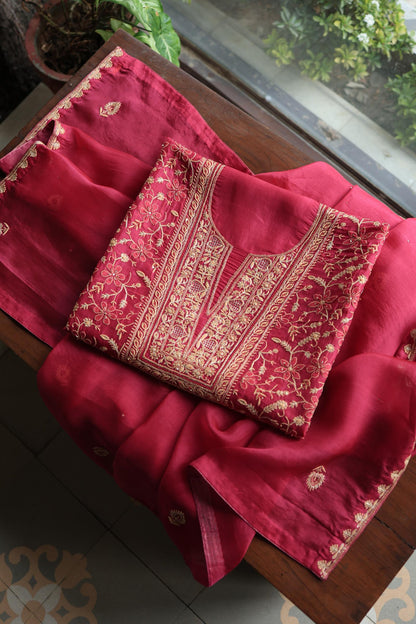 Cranberry Shade Noor Organza Silk Chikankari Unstitched Kurta Dupatta Set