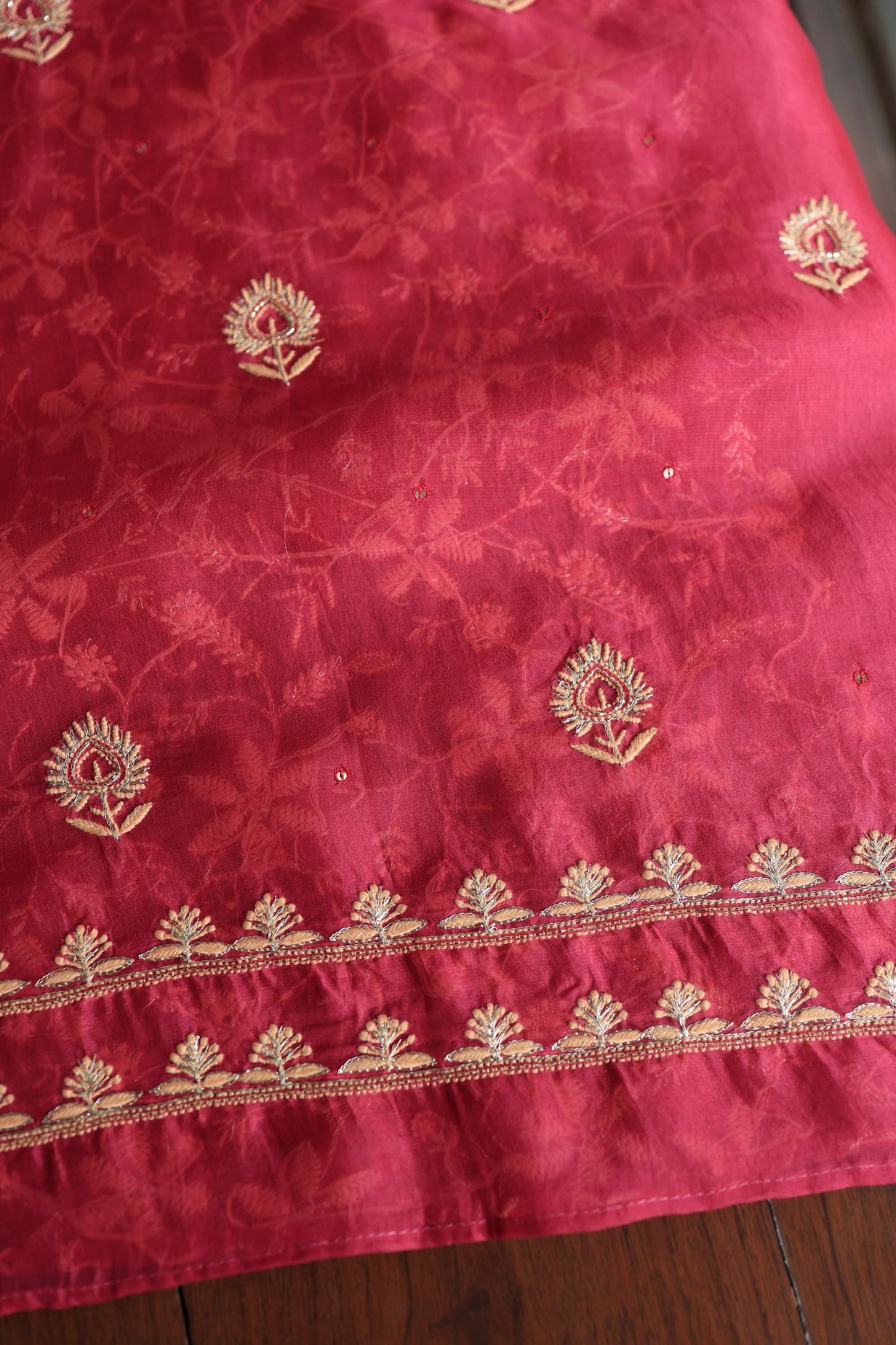 Cranberry Shade Noor Organza Silk Chikankari Unstitched Kurta Dupatta Set