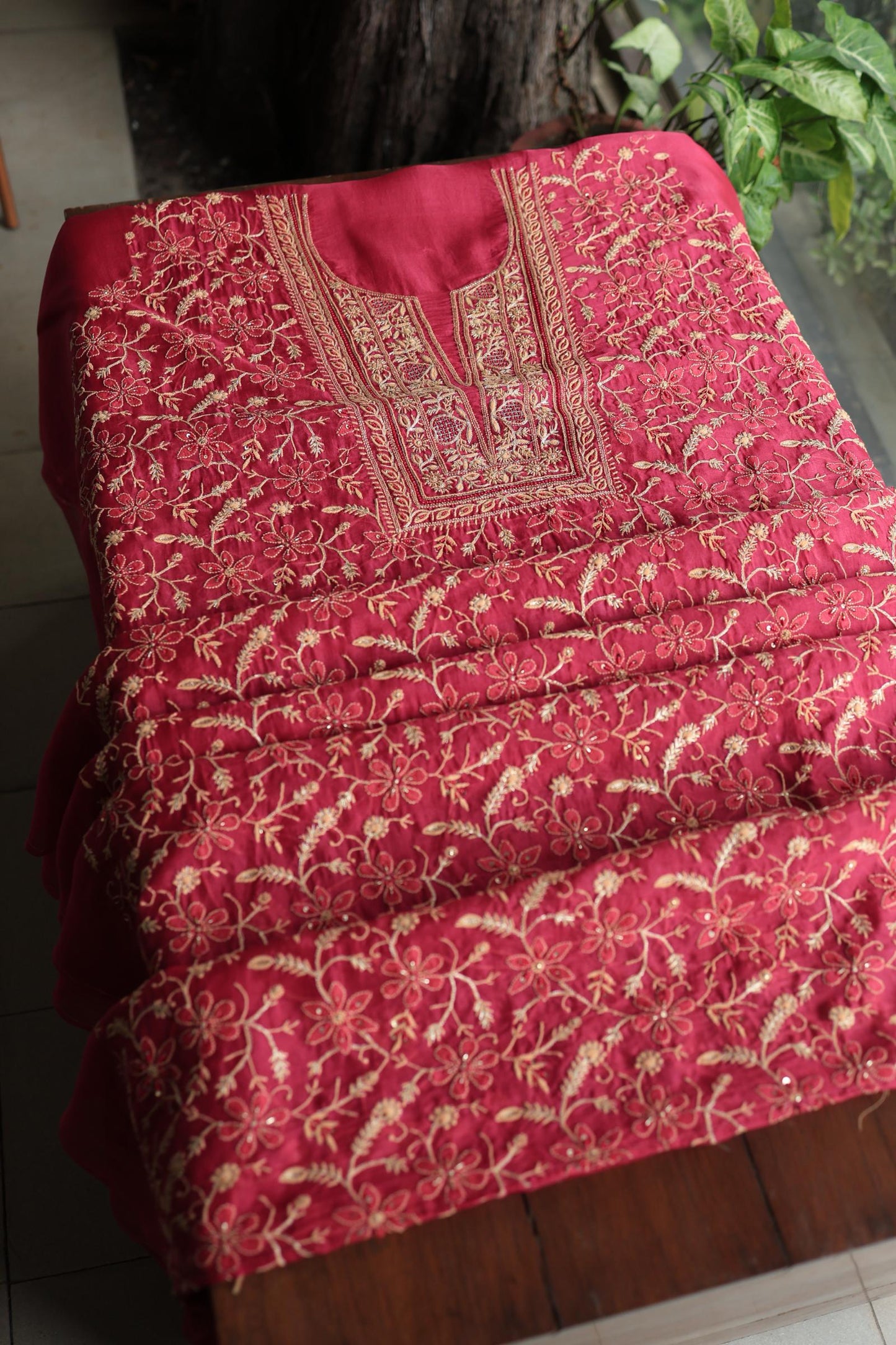 Cranberry Shade Noor Organza Silk Chikankari Unstitched Kurta Dupatta Set