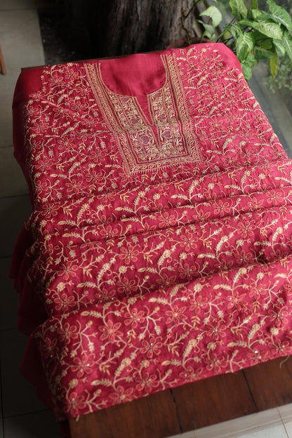 Cranberry Shade Noor Organza Silk Chikankari Unstitched Kurta Dupatta Set