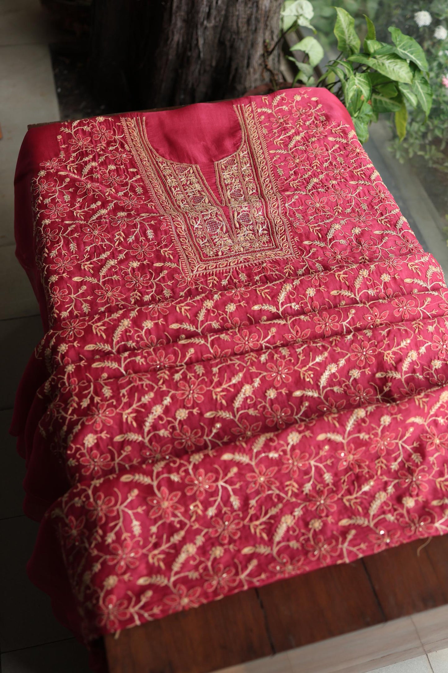 Cranberry Shade Noor Organza Silk Chikankari Unstitched Kurta Dupatta Set