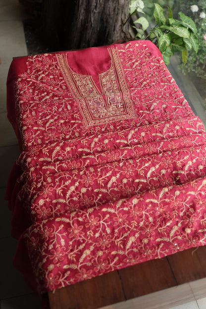 Cranberry Shade Noor Organza Silk Chikankari Unstitched Kurta Dupatta Set