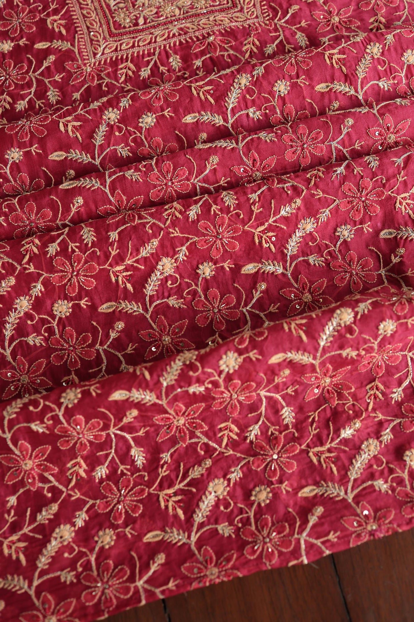 Cranberry Shade Noor Organza Silk Chikankari Unstitched Kurta Dupatta Set