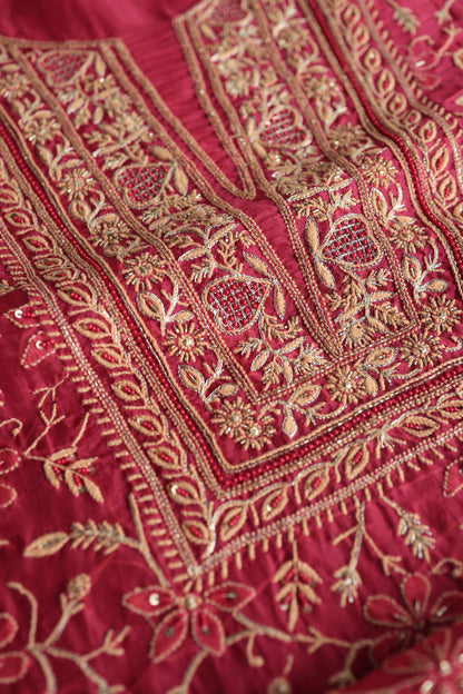 Cranberry Shade Noor Organza Silk Chikankari Unstitched Kurta Dupatta Set