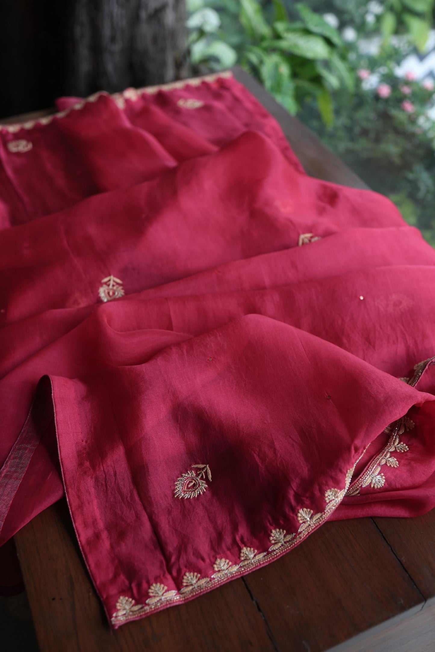 Cranberry Shade Noor Organza Silk Chikankari Unstitched Kurta Dupatta Set