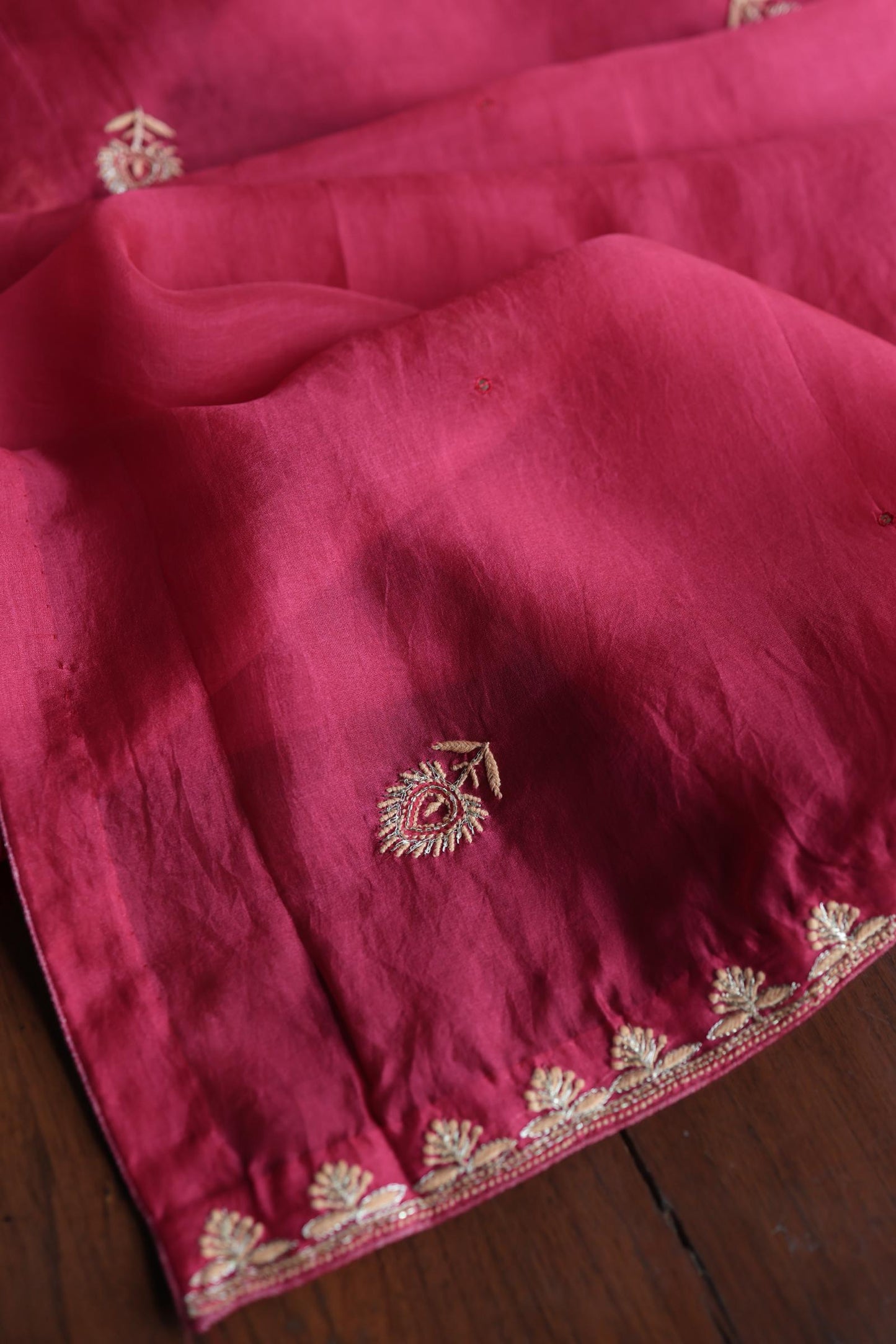 Cranberry Shade Noor Organza Silk Chikankari Unstitched Kurta Dupatta Set