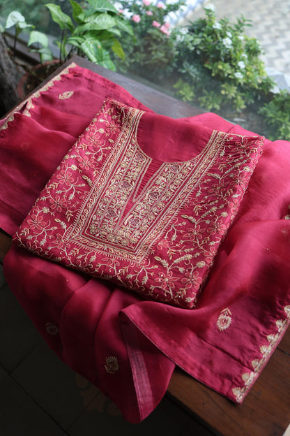 Cranberry Shade Noor Organza Silk Chikankari Unstitched Kurta Dupatta Set