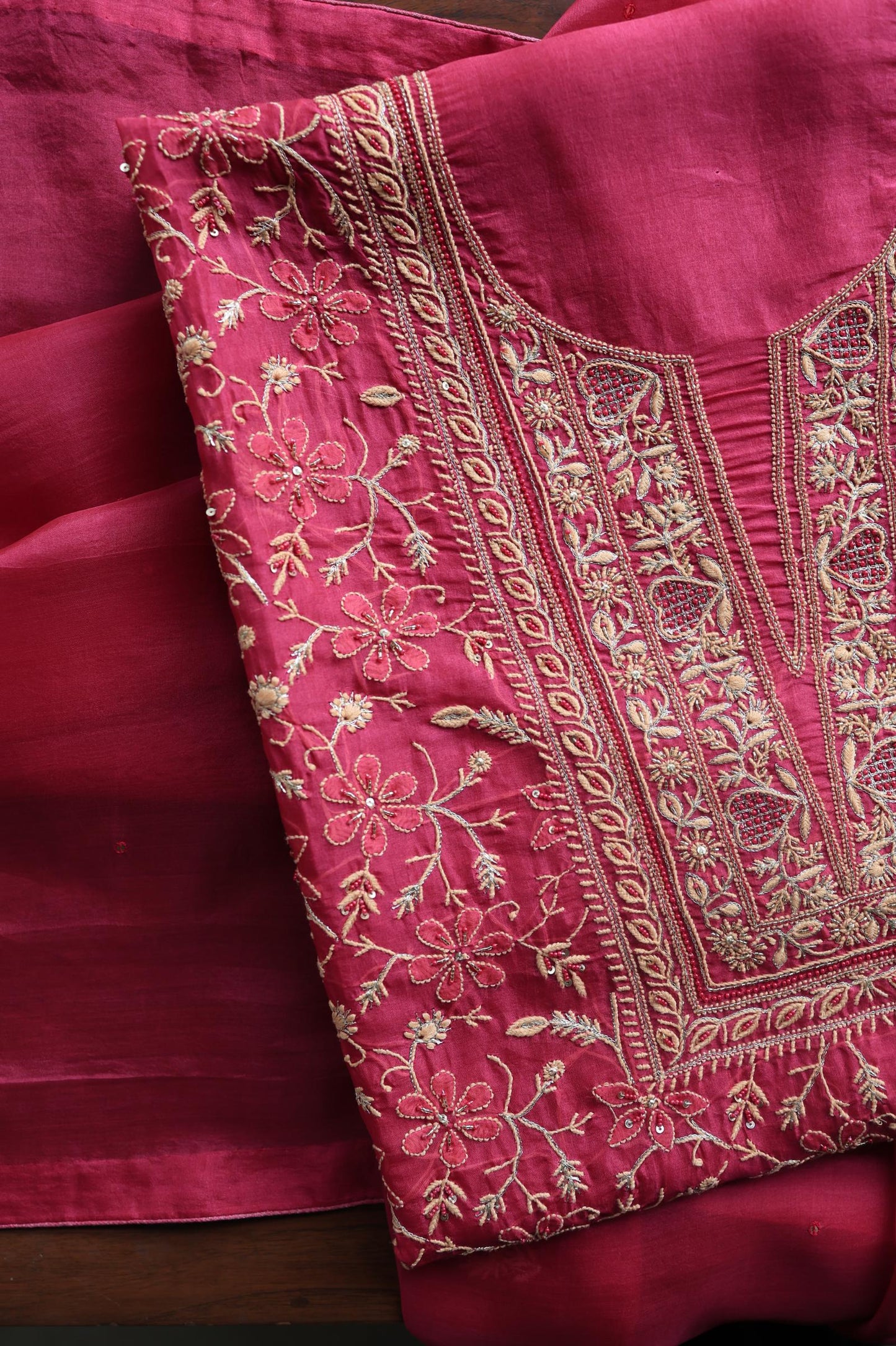 Cranberry Shade Noor Organza Silk Chikankari Unstitched Kurta Dupatta Set