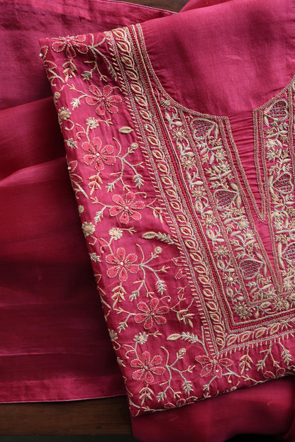 Cranberry Shade Noor Organza Silk Chikankari Unstitched Kurta Dupatta Set