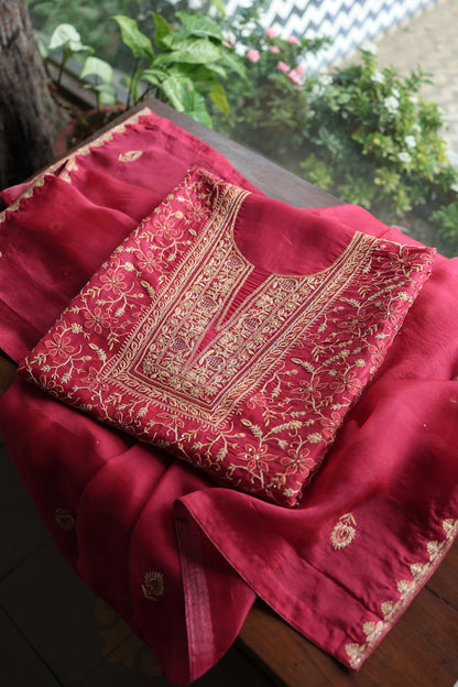 Cranberry Shade Noor Organza Silk Chikankari Unstitched Kurta Dupatta Set