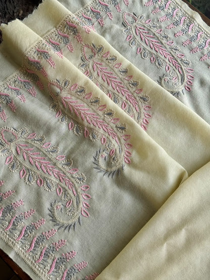 Cream Multi Yellow Shade Saman Pashmina Fine Chikankari Shawl