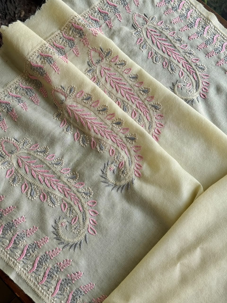 Cream Multi Yellow Shade Saman Pashmina Fine Chikankari Shawl