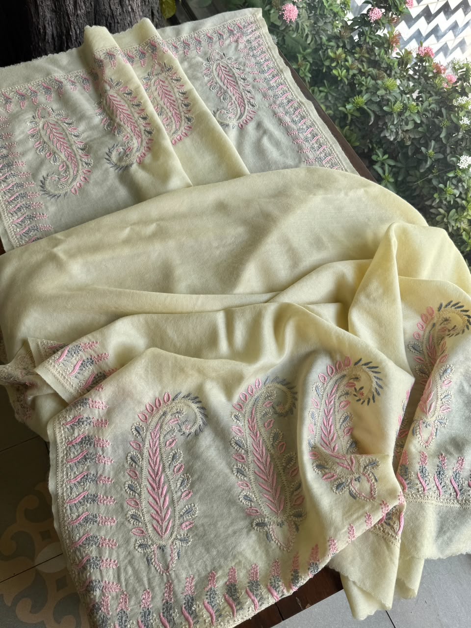 Cream Multi Yellow Shade Saman Pashmina Fine Chikankari Shawl