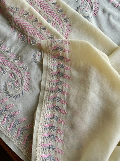 Cream Multi Yellow Shade Saman Pashmina Fine Chikankari Shawl