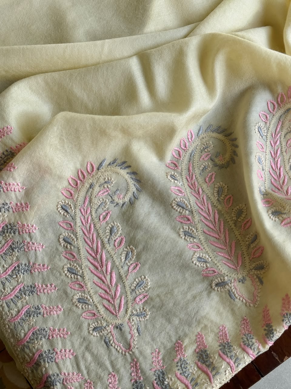 Cream Multi Yellow Shade Saman Pashmina Fine Chikankari Shawl