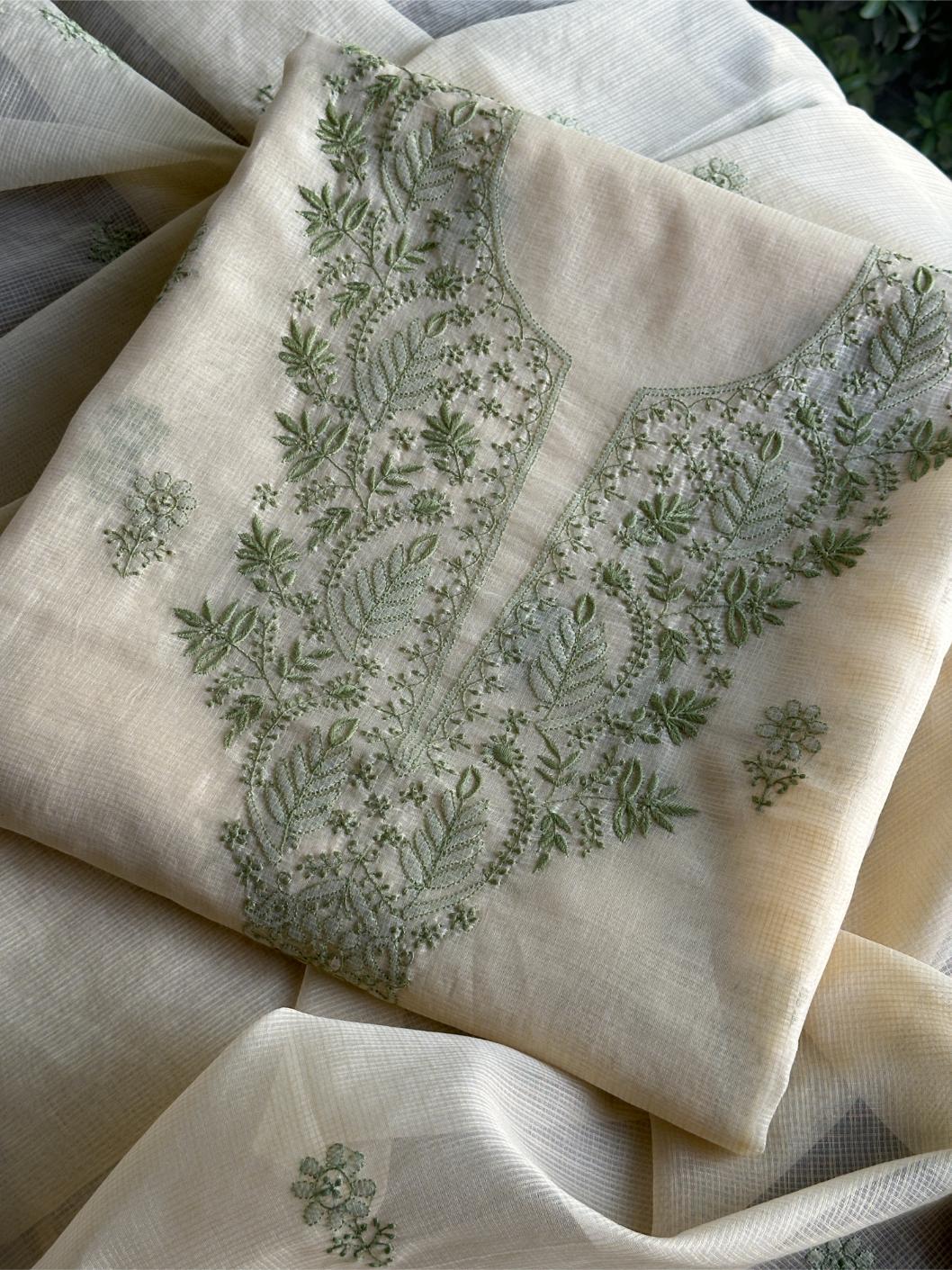 Cream Shade Kota Chikankari Unstitched Fabrics